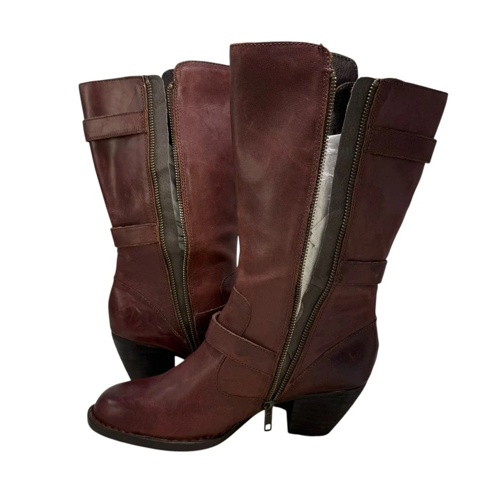 Born Maleri Boots 9M Mid Calf With Buckles Brown Burgundy Leather Block Heel